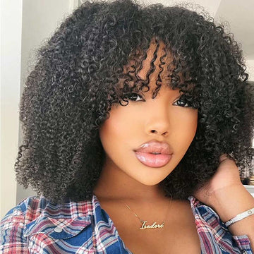 Ali Annabelle Jerry Curly Short Bob Human Hair Wigs Full Machine Made Glueless Wig with Bangs